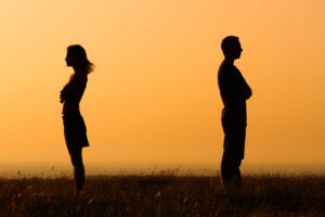 High Asset Divorce Bergen County New Jersey - silhouette of man and woman against yellow sunset plain 